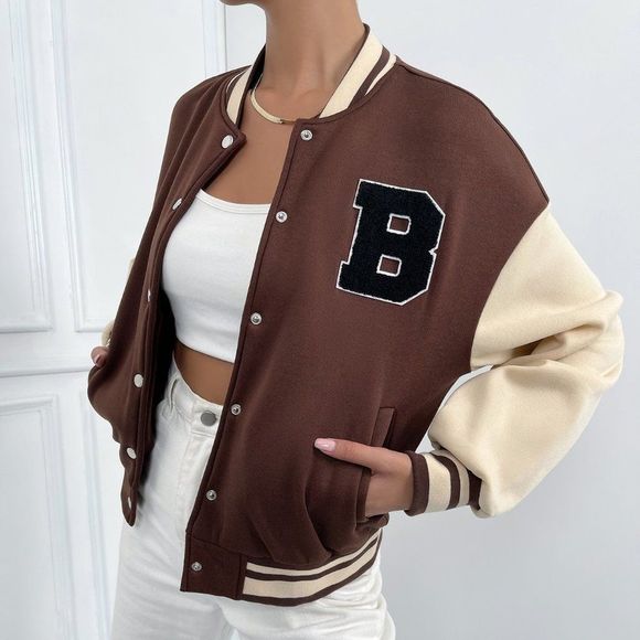 New Letter Patched Striped Trim Drop Shoulder Varsity Jacket Brown 226 - Picture 1 of 6